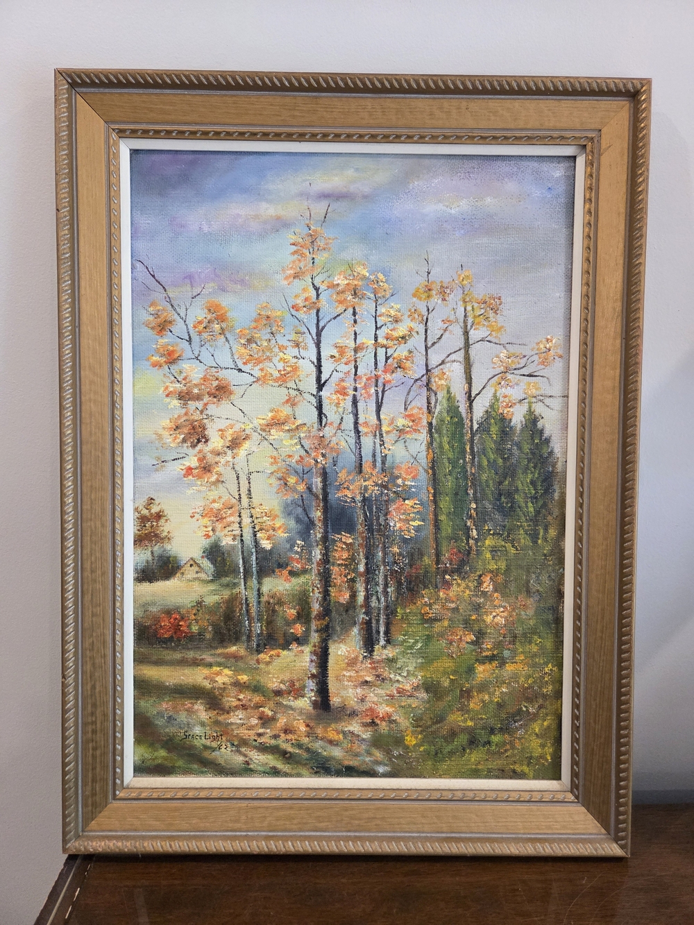Framed Autumn Tree Landscape Wall Art - Gold Frame, Orange Foliage